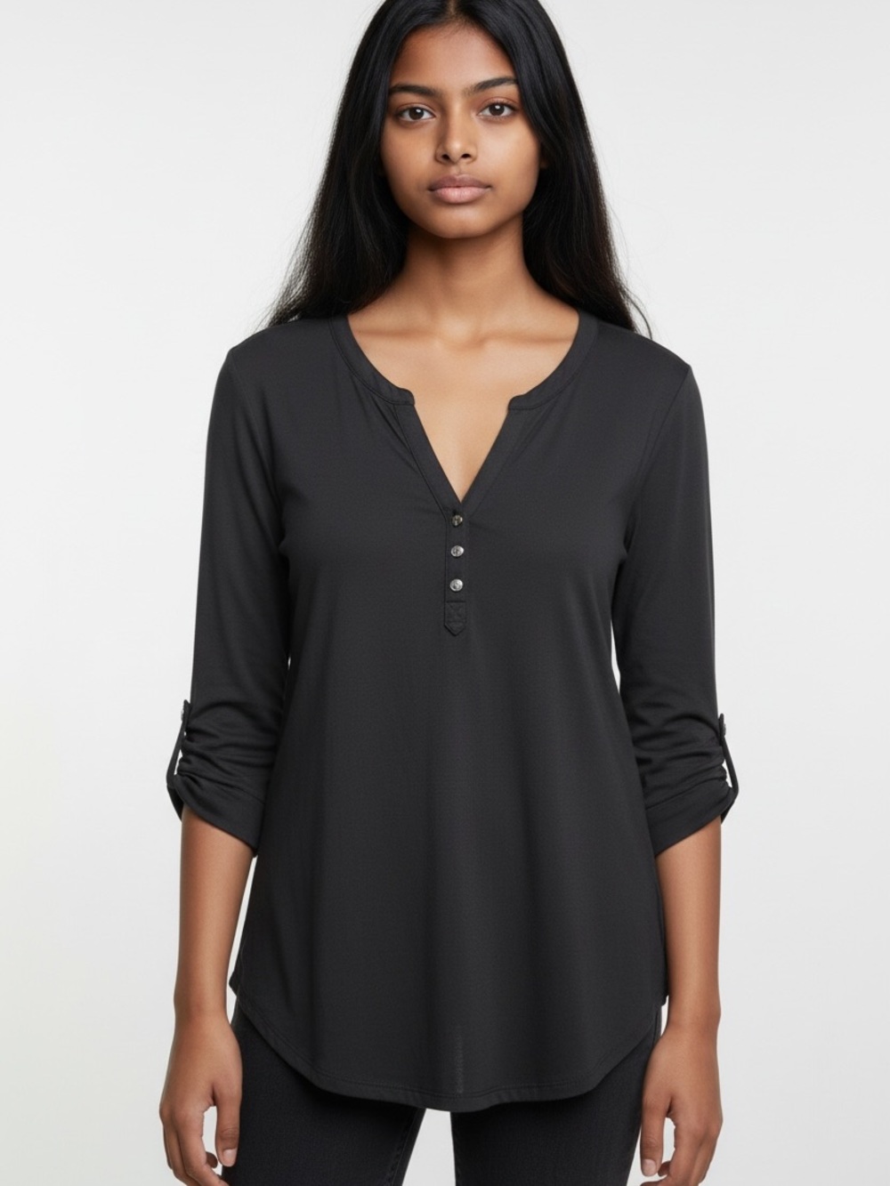 White House Black Market Long Sleeve Black Henley Tunic Top-EUC